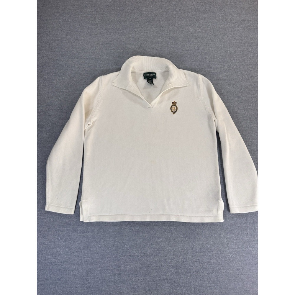 Y2K Lauren Ralph Lauren Jeans Co Sweater Womens PM White Cotton RL Crest Petite